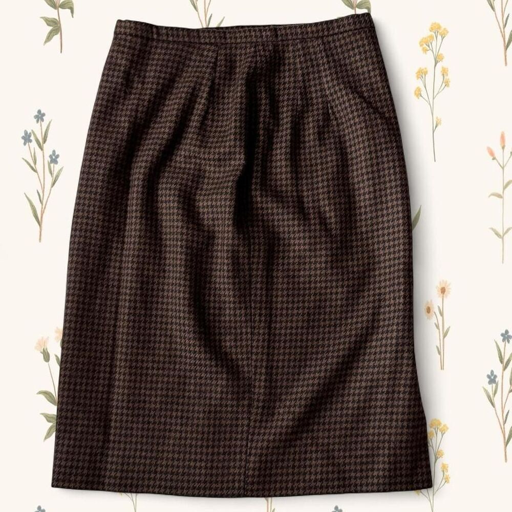 Vintage 80s Wool Houndstooth Pencil Skirt - Gloria Sachs Brown Knee-Length
